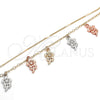 Oro Laminado Charm Anklet , Gold Filled Style Flower Design, Polished, Tricolor, 03.331.0108.10 (02 MM Thickness, 10 Inches Length)