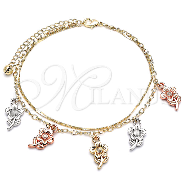 Gold Filled Anklet — Charm Anklet Flower Design Polished Tricolor 03. 02 — main product view — SKU 140761 | Oro Laminado tobillera — Charm Anklet flor diseño pulido Tricolor 03. 02 — SKU 140761