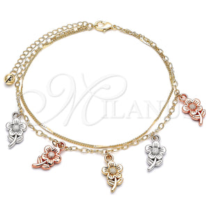 Gold Filled Anklet — Charm Anklet Flower Design Polished Tricolor 03. 02 — main product view — SKU 140761 | Oro Laminado tobillera — Charm Anklet flor diseño pulido Tricolor 03. 02 — SKU 140761