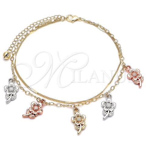 Oro Laminado Charm Anklet , Gold Filled Style Flower Design, Polished, Tricolor, 03.331.0108.10 (02 MM Thickness, 10 Inches Length)