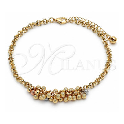 Oro Laminado Charm Anklet , Gold Filled Style Ball Design, Matte Finish, Tricolor, 03.331.0112.10 (05 MM Thickness, 10 Inches Length)