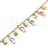 Oro Laminado Charm Anklet , Gold Filled Style Shoes and Flower Design, with White Crystal, Polished, Tricolor, 03.331.0114.10 (04 MM Thickness, 10 Inches Length)