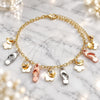 Oro Laminado Charm Anklet , Gold Filled Style Shoes and Flower Design, with White Crystal, Polished, Tricolor, 03.331.0114.10 (04 MM Thickness, 10 Inches Length)