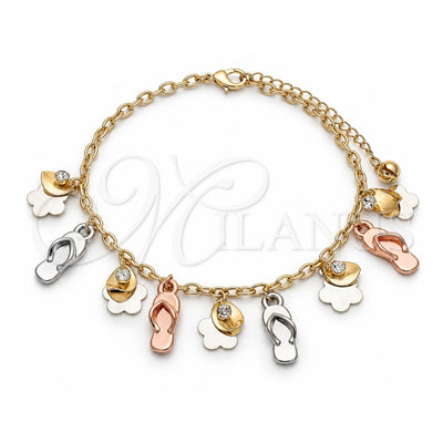 Oro Laminado Charm Anklet , Gold Filled Style Shoes and Flower Design, with White Crystal, Polished, Tricolor, 03.331.0114.10 (04 MM Thickness, 10 Inches Length)
