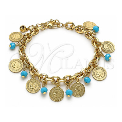 Oro Laminado Charm Bracelet, Gold Filled Style with Turquoise Crystal, Polished, Golden Finish, 03.331.0120.08 (07 MM Thickness, 8 Inches Length)