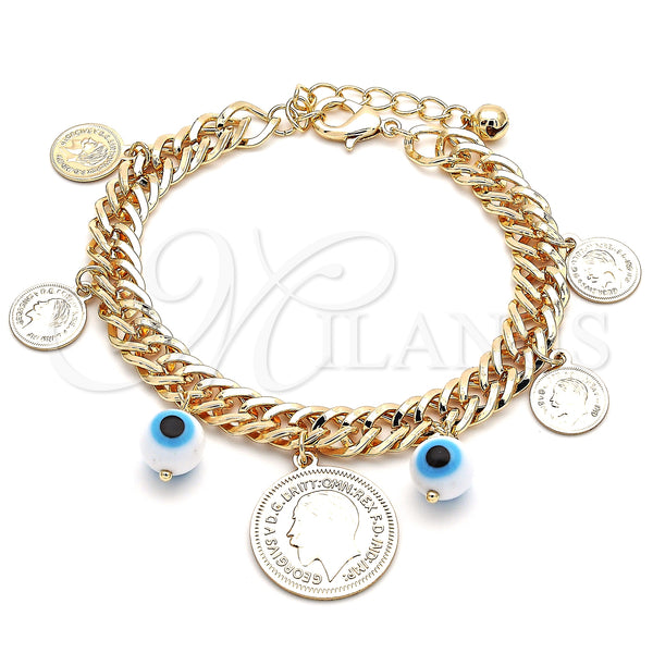 Oro Laminado Charm Bracelet, Gold Filled Style Evil Eye Design, Polished, Golden Finish, 03.331.0126.08 (09 MM Thickness, 8 Inches Length)