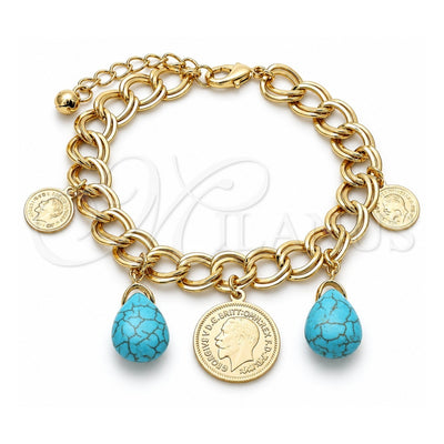 Oro Laminado Charm Bracelet, Gold Filled Style Teardrop Design, with Turquoise Opal, Polished, Golden Finish, 03.331.0127.08 (10 MM Thickness, 8 Inches Length)