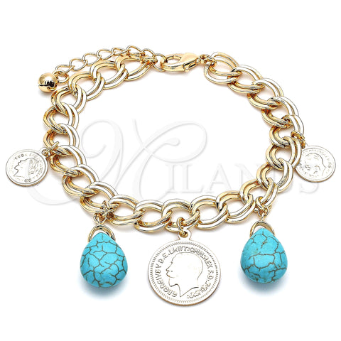 Oro Laminado Charm Bracelet, Gold Filled Style Teardrop Design, with Turquoise Opal, Polished, Golden Finish, 03.331.0127.08 (10 MM Thickness, 8 Inches Length)