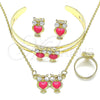 Oro Laminado Earring and Pendant Children Set, Gold Filled Style Owl Design, with White Crystal, Dark Pink Enamel Finish, Golden Finish, 10.361.0016