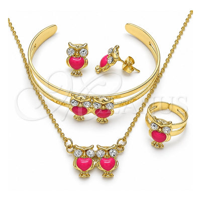 Oro Laminado Earring and Pendant Children Set, Gold Filled Style Owl Design, with White Crystal, Dark Pink Enamel Finish, Golden Finish, 10.361.0016