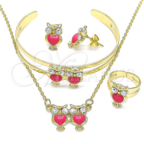 Oro Laminado Earring and Pendant Children Set, Gold Filled Style Owl Design, with White Crystal, Dark Pink Enamel Finish, Golden Finish, 10.361.0016