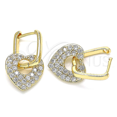 Oro Laminado Huggie Hoop, Gold Filled Style Heart and Paperclip Design, with White Cubic Zirconia, Polished, Golden Finish, 02.210.0469.12