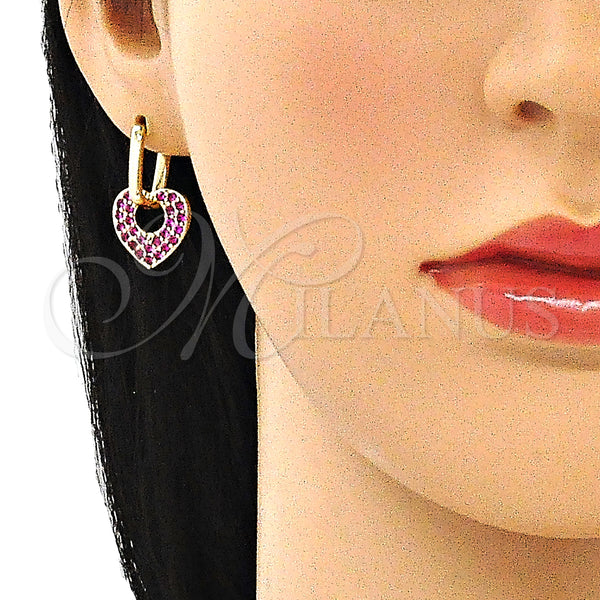 Gold Filled Hoop Earrings — Huggie Hoop Heart and Paperclip Design with Ruby — alternate product view — SKU 140794 | Oro Laminado aretes de aro — Huggie Hoop corazón and Paperclip diseño with Ruby — SKU 140794