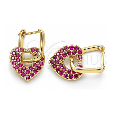 Oro Laminado Huggie Hoop, Gold Filled Style Heart and Paperclip Design, with Ruby Cubic Zirconia, Polished, Golden Finish, 02.210.0469.1.12