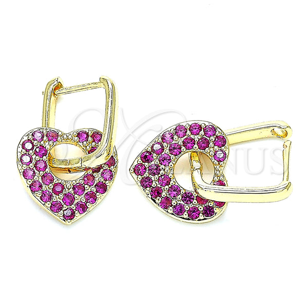 Gold Filled Hoop Earrings — Huggie Hoop Heart and Paperclip Design with Ruby — main product view — SKU 140794 | Oro Laminado aretes de aro — Huggie Hoop corazón and Paperclip diseño with Ruby — SKU 140794