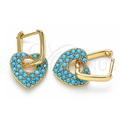 Oro Laminado Huggie Hoop, Gold Filled Style Heart and Paperclip Design, with Turquoise Cubic Zirconia, Polished, Golden Finish, 02.210.0469.3.12