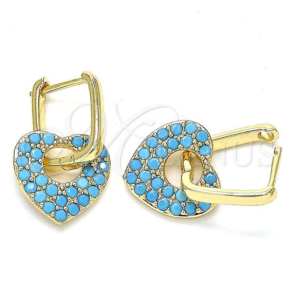 Gold Filled Hoop Earrings — Huggie Hoop Heart and Paperclip Design with Turquoise — main product view — SKU 140796 | Oro Laminado aretes de aro — Huggie Hoop corazón and Paperclip diseño with Turquoise — SKU 140796