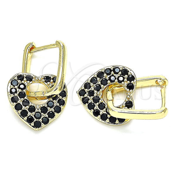 Gold Filled Hoop Earrings — Huggie Hoop Heart and Paperclip Design with Black — main product view — SKU 140797 | Oro Laminado aretes de aro — Huggie Hoop corazón and Paperclip diseño with negro — SKU 140797