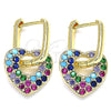 Oro Laminado Huggie Hoop, Gold Filled Style Heart and Paperclip Design, with Multicolor Cubic Zirconia, Polished, Golden Finish, 02.210.0469.5.12
