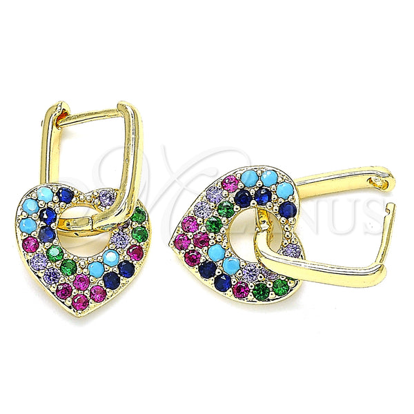 Gold Filled Hoop Earrings — Huggie Hoop Heart and Paperclip Design with Multicolor — main product view — SKU 140798 | Oro Laminado aretes de aro — Huggie Hoop corazón and Paperclip diseño with Multicolor — SKU 140798