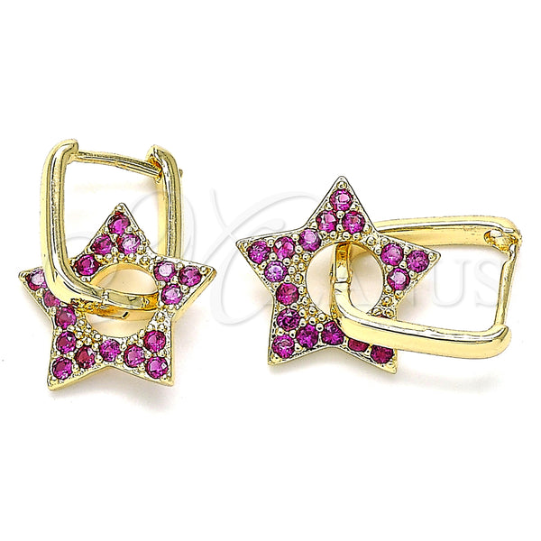 Gold Filled Hoop Earrings — Huggie Hoop Star and Paperclip Design with Ruby — main product view — SKU 140800 | Oro Laminado aretes de aro — Huggie Hoop estrella and Paperclip diseño with Ruby — SKU 140800