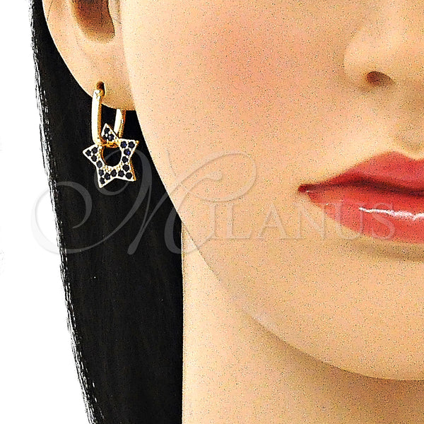 Gold Filled Hoop Earrings — Huggie Hoop Star and Paperclip Design with Sapphire — alternate product view — SKU 140801 | Oro Laminado aretes de aro — Huggie Hoop estrella and Paperclip diseño with Sapphire — SKU 140801