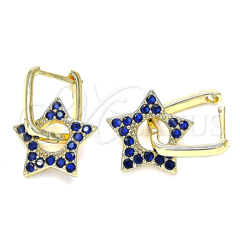 Oro Laminado Huggie Hoop, Gold Filled Style Star and Paperclip Design, with Sapphire Blue Cubic Zirconia, Polished, Golden Finish, 02.210.0470.2.12