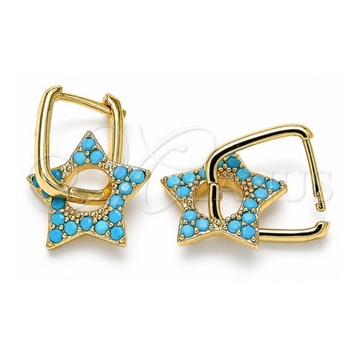 Oro Laminado Huggie Hoop, Gold Filled Style Star and Paperclip Design, with Turquoise Cubic Zirconia, Polished, Golden Finish, 02.210.0470.3.12