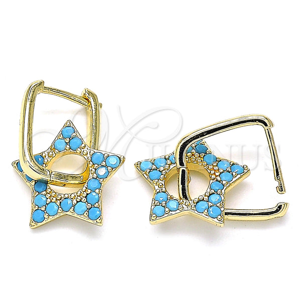 Gold Filled Hoop Earrings — Huggie Hoop Star and Paperclip Design with Turquoise — main product view — SKU 140802 | Oro Laminado aretes de aro — Huggie Hoop estrella and Paperclip diseño with Turquoise — SKU 140802