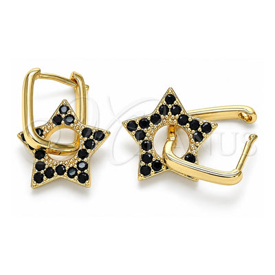 Oro Laminado Huggie Hoop, Gold Filled Style Star and Paperclip Design, with Black Cubic Zirconia, Polished, Golden Finish, 02.210.0470.4.12