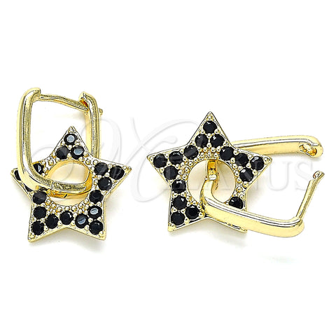 Oro Laminado Huggie Hoop, Gold Filled Style Star and Paperclip Design, with Black Cubic Zirconia, Polished, Golden Finish, 02.210.0470.4.12