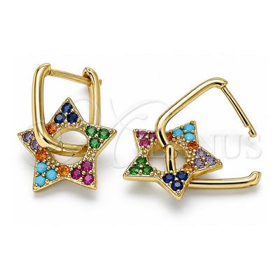 Oro Laminado Huggie Hoop, Gold Filled Style Star and Paperclip Design, with Multicolor Cubic Zirconia, Polished, Golden Finish, 02.210.0470.5.12