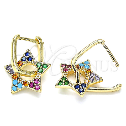 Oro Laminado Huggie Hoop, Gold Filled Style Star and Paperclip Design, with Multicolor Cubic Zirconia, Polished, Golden Finish, 02.210.0470.5.12