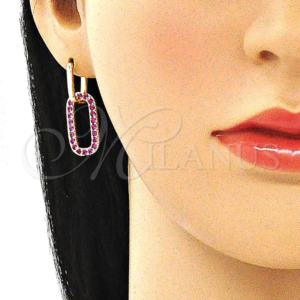 Gold Filled Hoop Earrings — Huggie Hoop Paperclip Design with Ruby Cubic Zirconia — alternate product view — SKU 140806 | Oro Laminado aretes de aro — Huggie Hoop Paperclip diseño with Ruby Cubic Zirconia — SKU 140806