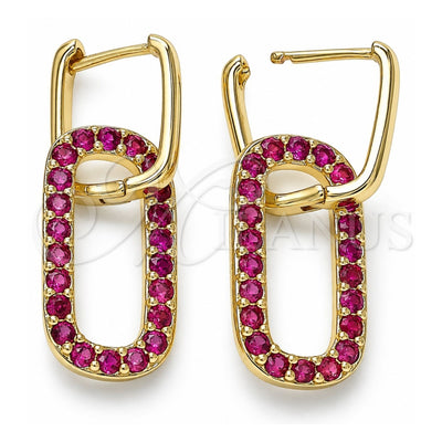 Oro Laminado Huggie Hoop, Gold Filled Style Paperclip Design, with Ruby Cubic Zirconia, Polished, Golden Finish, 02.210.0471.1.12