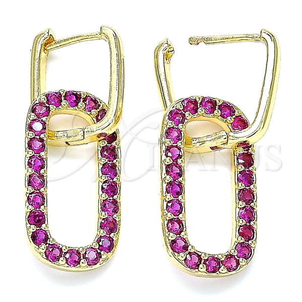 Gold Filled Hoop Earrings — Huggie Hoop Paperclip Design with Ruby Cubic Zirconia — main product view — SKU 140806 | Oro Laminado aretes de aro — Huggie Hoop Paperclip diseño with Ruby Cubic Zirconia — SKU 140806