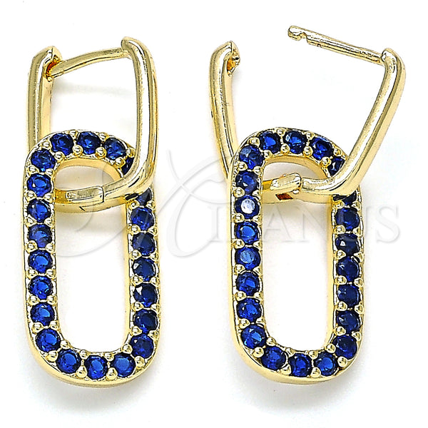 Gold Filled Hoop Earrings — Huggie Hoop Paperclip Design with Sapphire Blue Cubic — main product view — SKU 140807 | Oro Laminado aretes de aro — Huggie Hoop Paperclip diseño with Sapphire Blue Cubic — SKU 140807