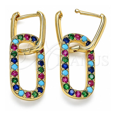 Oro Laminado Huggie Hoop, Gold Filled Style Paperclip Design, with Multicolor Cubic Zirconia, Polished, Golden Finish, 02.210.0471.5.12