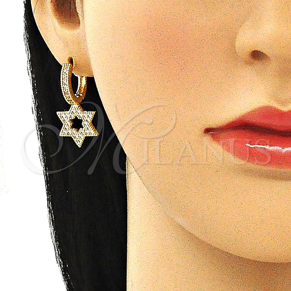 Gold Filled Hoop Earrings — Huggie Hoop Judaica and Star of David Design — alternate product view — SKU 140811 | Oro Laminado aretes de aro — Huggie Hoop Judaica and estrella of David diseño — SKU 140811