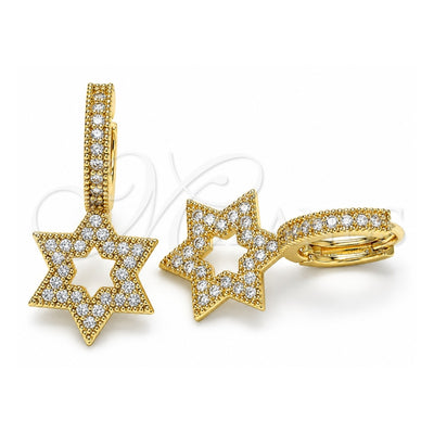 Oro Laminado Huggie Hoop, Gold Filled Style Judaica and Star of David Design, with White Micro Pave, Polished, Golden Finish, 02.210.0472.15