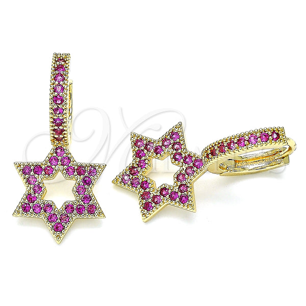 Gold Filled Hoop Earrings — Huggie Hoop Judaica and Star of David Design — main product view — SKU 140812 | Oro Laminado aretes de aro — Huggie Hoop Judaica and estrella of David diseño — SKU 140812