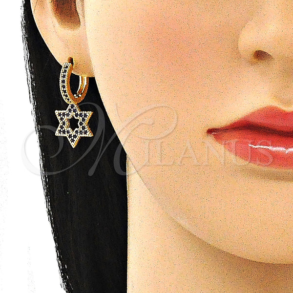 Gold Filled Hoop Earrings — Huggie Hoop Judaica and Star of David Design — alternate product view — SKU 140814 | Oro Laminado aretes de aro — Huggie Hoop Judaica and estrella of David diseño — SKU 140814
