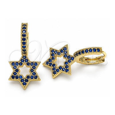 Oro Laminado Huggie Hoop, Gold Filled Style Judaica and Star of David Design, with Sapphire Blue Micro Pave, Polished, Golden Finish, 02.210.0472.3.15