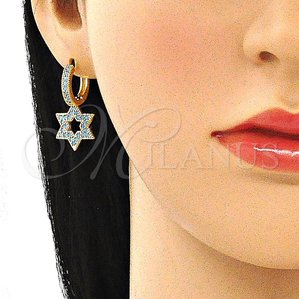 Gold Filled Hoop Earrings — Huggie Hoop Judaica and Star of David Design — alternate product view — SKU 140815 | Oro Laminado aretes de aro — Huggie Hoop Judaica and estrella of David diseño — SKU 140815