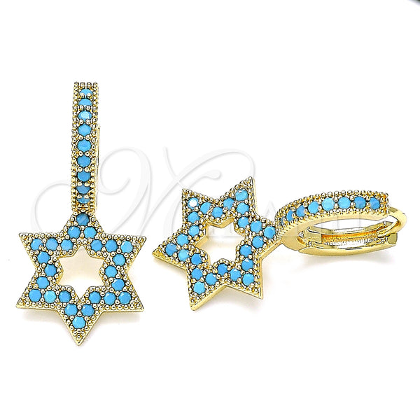 Gold Filled Hoop Earrings — Huggie Hoop Judaica and Star of David Design — main product view — SKU 140815 | Oro Laminado aretes de aro — Huggie Hoop Judaica and estrella of David diseño — SKU 140815