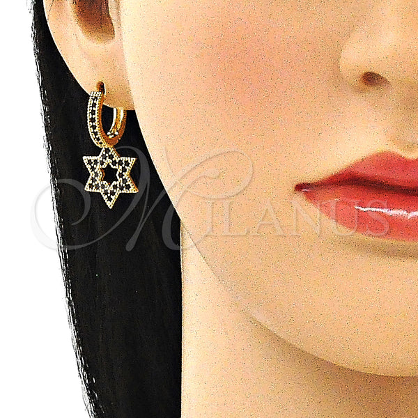 Gold Filled Hoop Earrings — Huggie Hoop Judaica and Star of David Design — alternate product view — SKU 140816 | Oro Laminado aretes de aro — Huggie Hoop Judaica and estrella of David diseño — SKU 140816