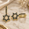 Oro Laminado Huggie Hoop, Gold Filled Style Judaica and Star of David Design, with Black Micro Pave, Polished, Golden Finish, 02.210.0472.5.15