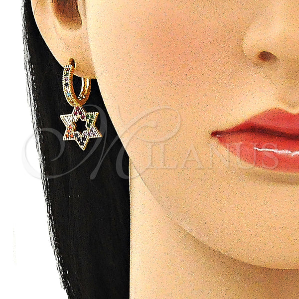 Gold Filled Hoop Earrings — Huggie Hoop Judaica and Star of David Design — alternate product view — SKU 140817 | Oro Laminado aretes de aro — Huggie Hoop Judaica and estrella of David diseño — SKU 140817