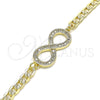 Oro Laminado Fancy Bracelet, Gold Filled Style Infinite Design, with White Micro Pave, Polished, Golden Finish, 03.156.0023.08 (05 MM Thickness, 8 Inches Length)