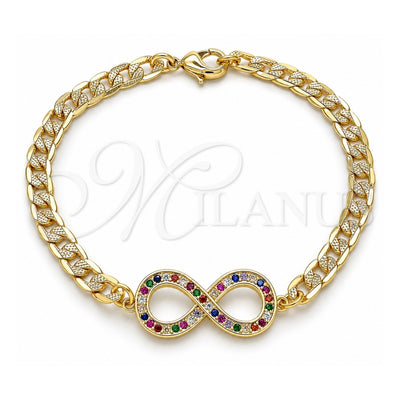 Oro Laminado Fancy Bracelet, Gold Filled Style Infinite Design, with Multicolor Micro Pave, Polished, Golden Finish, 03.156.0023.1.08 (05 MM Thickness, 8 Inches Length)
